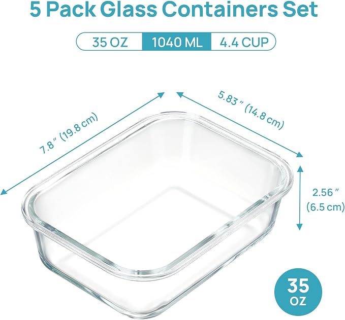 Vtopmart 5 Pack Glass Food Storage Containers with Bamboo Lids, 35oz | Reusable Meal Prep Containers for Leftovers, Lunch & Kitchen Storage, Microwave, Dishwasher Safe Glass Food Containers - Image 2