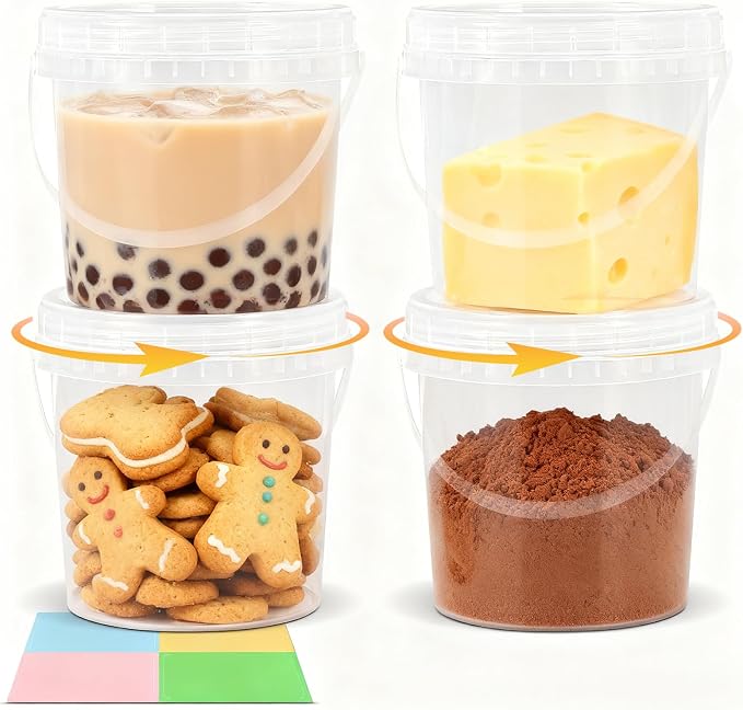 4Pack 34oz Clear Bucket with Lids - Plastic Food Storage Containers, Airtight Screw-On Lids - Freezer Safe Ice Cream Bucekts, Food Grade Reusable Containers for Kitchen by UMETASS