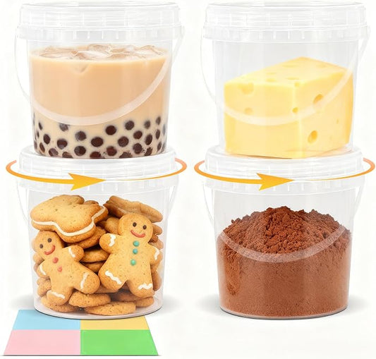 4Pack 34oz Clear Bucket with Lids - Plastic Food Storage Containers, Airtight Screw-On Lids - Freezer Safe Ice Cream Bucekts, Food Grade Reusable Containers for Kitchen by UMETASS