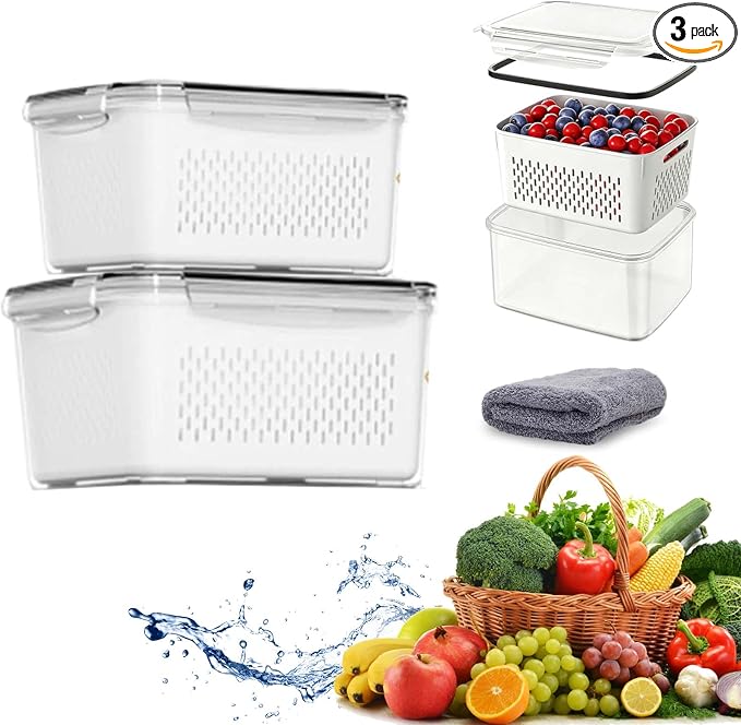 4 In 1 Food Storage Containers, Produce Storage Containers for Fridge, Fruit Storage Containers with Colander, Leakproof Fridge Organizer Bins for Salad Berry Vegetables Meat Keeper Fresh (M+L) by WarmCozyHome