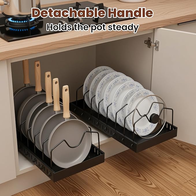 2 Pcs Pots and Pans Organizer Under Cabinet - Expandable Pull out Cabinet Organizer for Pots and Pans, Pan and Lid Organizers Inside Cabinet, Adjustable Storage Rack, Carbon Steel (Black) - Image 3