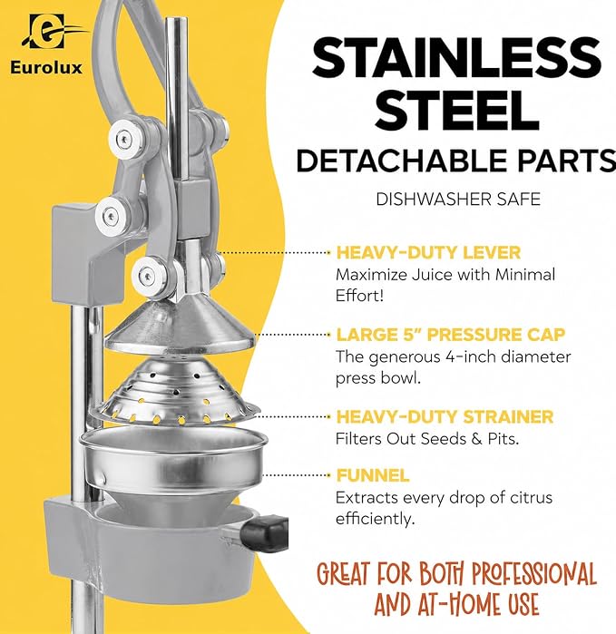 Eurolux Ultra-Premium Cast Iron Juicer | Extra-Large, Heavy Duty, Commercial Grade, Stainless Steel Manual Hand Press Citrus Squeezer For Fresh Orange Juice, Pomegranate, Lemon, and Much More (Gray) - Image 7