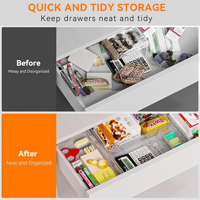 16 Pack Large Clear Plastic Drawer Organizer Bins - 5 Size Acrylic Bathroom and Vanity Organizers and Storage Trays for Makeup Office Home, Kitchen Drawer Organizer for Utensils, Gadgets - Image 5