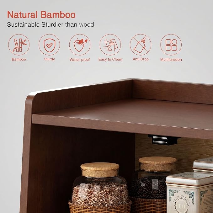 Goozii 2 Tier Bread Box for Kitchen Countertop, Double Layer Breadbox | Dark Brown Bamboo Wood | Storage Cabinet for Homemade Bread | Wooden Walnut - Image 5