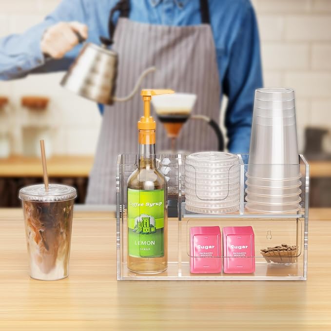 2-Tier Coffee Station Organizer for Countertop, 4 Compartments Clear Acrylic Cup and Lid Holder Tea Condiment Storage Upright Coffee Bar Organizer Pod Dispenser for Office Breakroom Home Kitchen - Image 8