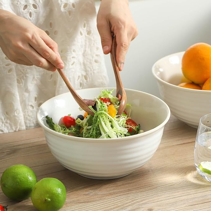 HASENSE Ceramic Serving Bowls, 8.3 Inch Large Soup Bowls for Kitchen, 60 Ounces Salad Bowls for Fruit, Ramen, Pasta, Pho, Microwave Dishwasher Safe, Set of 2, Clay-Infused White - Image 3