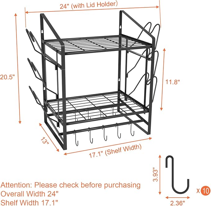 VyGrow 17 Inch Pot Rack Wall Mounted, 2 Tier Pots and Pans Organizer with 10 Hooks and 6 Pot Lid Holders, Heavy Duty Steel Pot and Pan Hanger for Kitchen Cookware Utensils Storage 24" Lx13 Wx20.5 H - Image 2