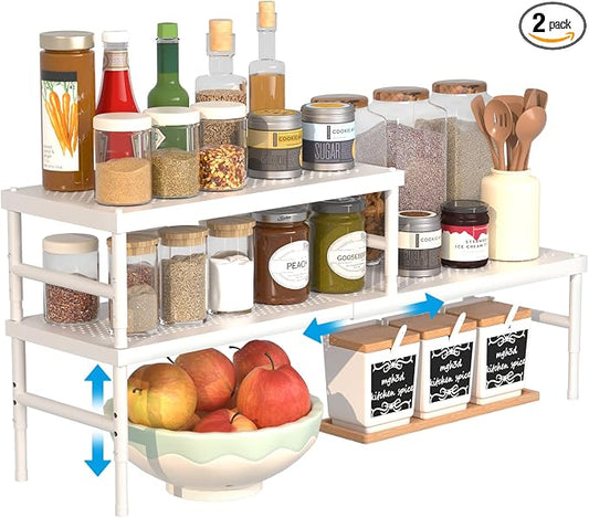2 Pack Expandable adjustable stackable kitchen organizer,Spice Racks,Counter Shelf for Cabinets,Small Cupboard Organizers,Heavy Duty Metal Pantry Storage Shelves Racks for kitchen,cabinet, bathroom by WELCOMETOHININGER