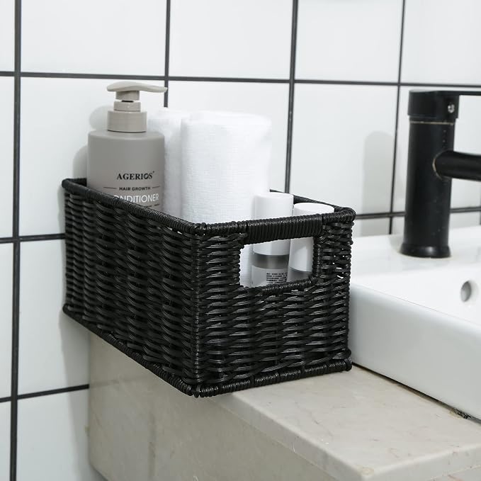 HOONEX Wicker Baskets for Storage, Plastic Baskets for Organizing with Dual Handles, Woven Baskets for Storage, Set of 2, Black - Image 6