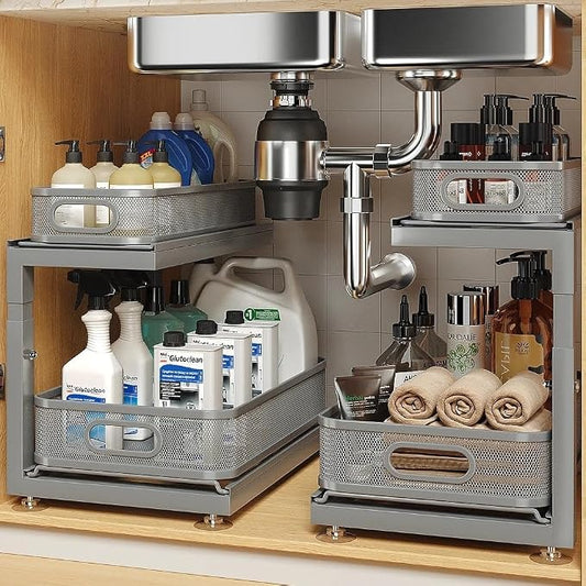 2-Pack Under Sink Storage Organizer with 2-Tier Slide Out Drawer, Sophisticated Mesh Pull Out Shelf for Kitchen & Bathroom, Fits Small Items, Upgraded Arched Track for Smooth Gliding-Gun Gray by UnderSinkOrganizer