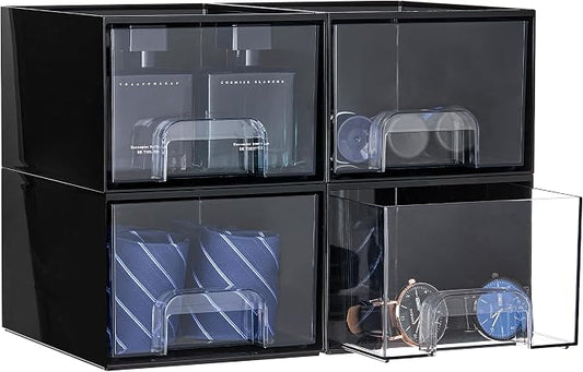 Vtopmart Black Small Stackable Storage Drawers for Cologne Organizer | Plastic Containers for Vanity, Dresser, Office Desk,Bathroom Countertop Organization, Ideal for Men's Room Decor by Vtopmart