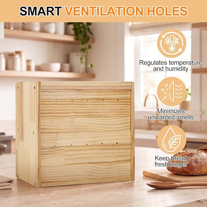 Alpeir Wooden Bread Box for Kitchen Countertop, Large Double Layer, Nature | Food-Safe Pine Wood, Double-Row Ventilation, Strong Acrylic Window, Raised Top Shelf, Easy Care, Farmhouse Corner Container - Image 5