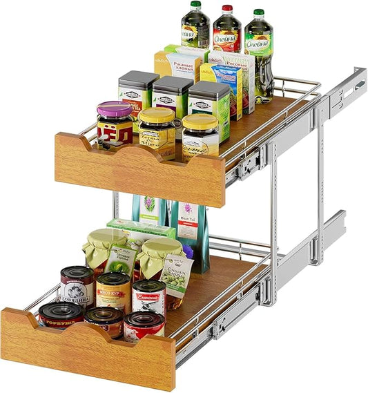 DINDON 2 Tier Pull Out Cabinet Organizer (14" W x 21" D) Slide Out Wood Shelf Double Tier Kitchen Wire Basket with Chrome Finish… by DINDON