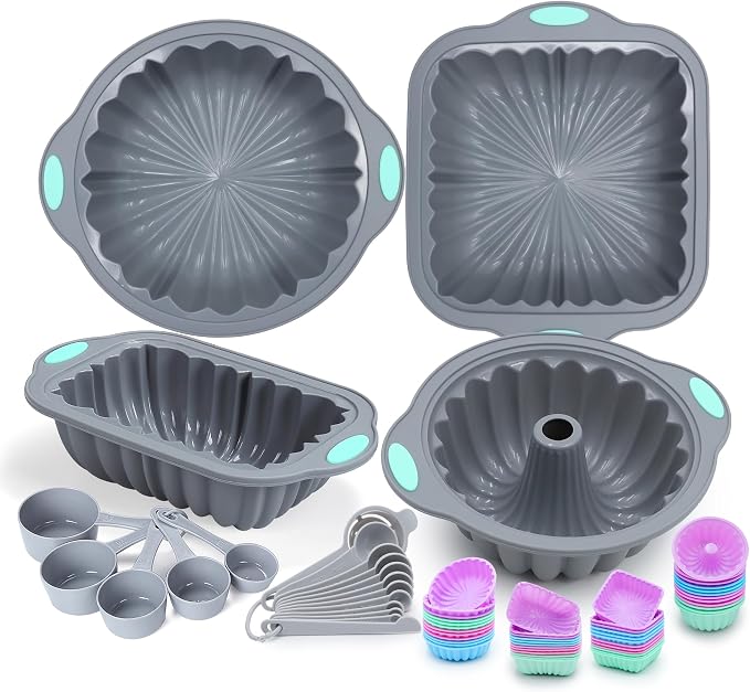 69 Pieces Silicone Baking Set, Non-Stick Bakeware Set with Cake Pans, Muffin Cups, Food Grade Silicone Baking Molds for Cakes, Bread, Muffins, Brownies, Light Grey by Toencounter