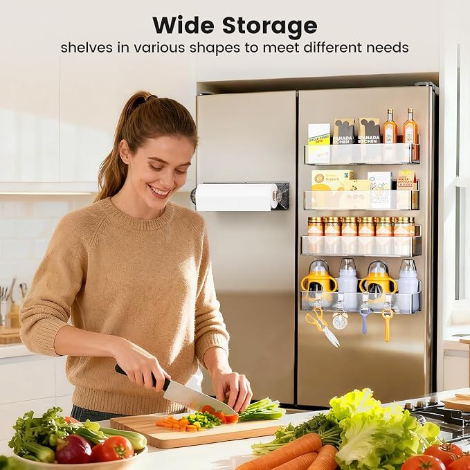 Mystozer Magnetic Spice Rack for Refrigerator, 4 Pack Magnetic Shelf and 1Pack Paper Towel Holder,Fridge Organizers and Storage Clear(5 Pack) - Image 7