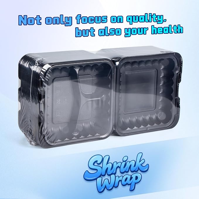 YANGRUI 65-Pack 30oz Black Takeout Containers - Shrink Wrapped No Pre-Wash | 3-Compartment Heavy Duty Mineral Filled PP, Microwave & Freezer Safe | Leak-Resistant Clamshell for Leftovers & Meal Prep - Image 2
