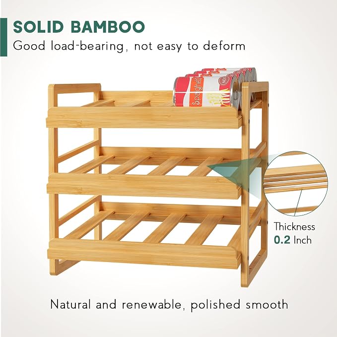 Bamboo Can Organizer for Pantry, 3 Tier Stackable Can Storage | Rolling Can Organizer Pantry with Label Sticker and Marker Pen, Can Holders for Cabinet and Can Rack Organizer - Image 3