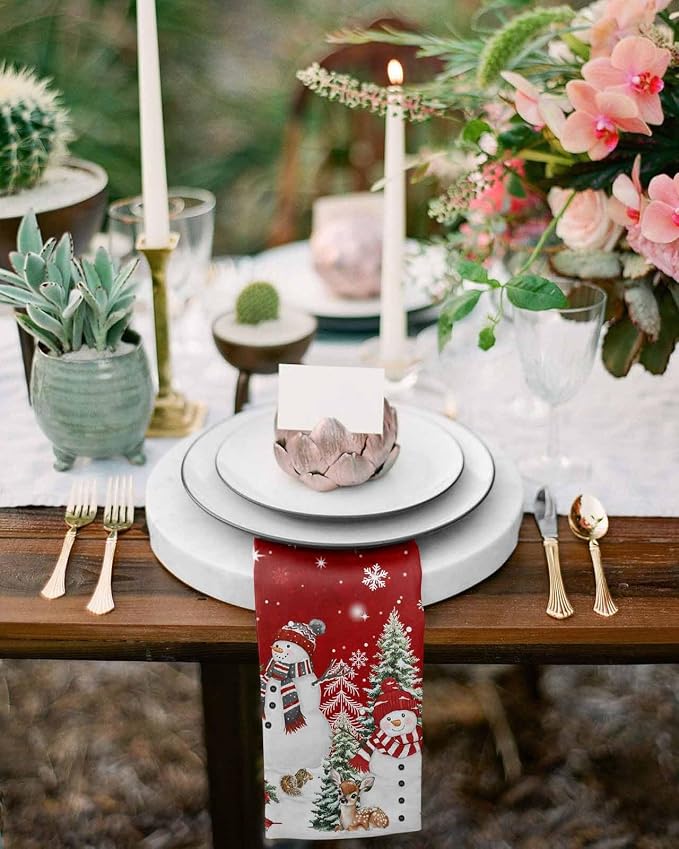 Red Christmas Snowman Dinner Cloth Napkins Set of 8, Xmas Trees Snowflake Snow Washable Cocktail Cloth Napkins, Winter Holiday Reusable Table Napkins for Wedding Holiday Party, 20 x 20 Inch - Image 6