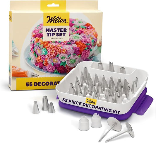 Wilton Master Cake Decorating Piping Tips Set, Cupcake Decorating, 55-Piece | 55-Piece Stainless Steel Tip Set with Storage Case for Piping Rosettes, Stars, Leaves & Borders on Cakes & Cupcakes by Wilton