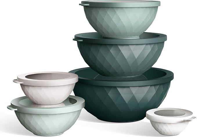 COOK WITH COLOR Mixing Bowls with Lids - 12 Piece Plastic Nesting Bowls Set includes 6 Prep Bowls and 6 Lids, Microwave Safe Mixing Bowl Set, Green Diamond - Image 4
