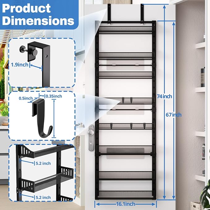 coobest 8-Tier Over the door Spice Rack Organizer, Large Heavy Duty Metal Wall Mount or Over The Door, 2 in 1 Rust-Proof Hanging Storage Shelf for Kitchen Pantry, Bathroom, Laundry Room, Closet - Image 3