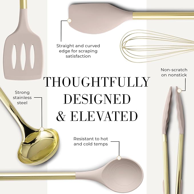 Styled Settings Beige & Gold Kitchen Utensils Set, 7-Piece | Silicone Cooking Utensils for Cooking, Serving, & Hosting - Ideal for Nonstick Cookware, with Gold Utensil Holder - Image 6