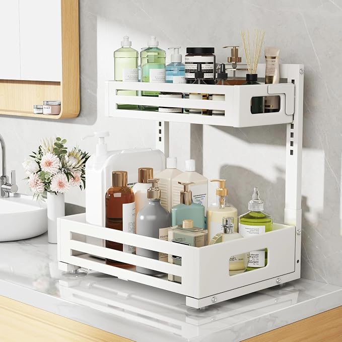 2 Pack Under Sink Organizer,Pull Out Cabinet Organizer With Smooth Cylindrical Rail,Metal Slide Out Drawer for Kitchen Bathroom Laundry Cabinet,8-Level Tool Free Height Adjustable-White - Image 7