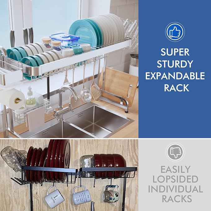 LIVOD Over The Sink Dish Drainer Drying Rack, 2 Tier Full Stainless Steel Storage Adjustable Length Kitchen Rack, Multifunctional Expandable Counter Organizer, Space Saver Dish Rack - Image 8