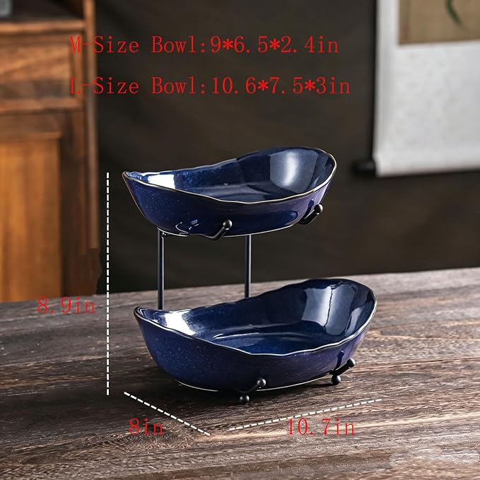 2-Tier Fruit Bowls for Kitchen Counter,Dark Blue Ceramic Bowl with Black Metal Stand,2 Tier Fruit Basket for Fruit,Snack,Cake,Nuts,Dessert Storage - Image 2