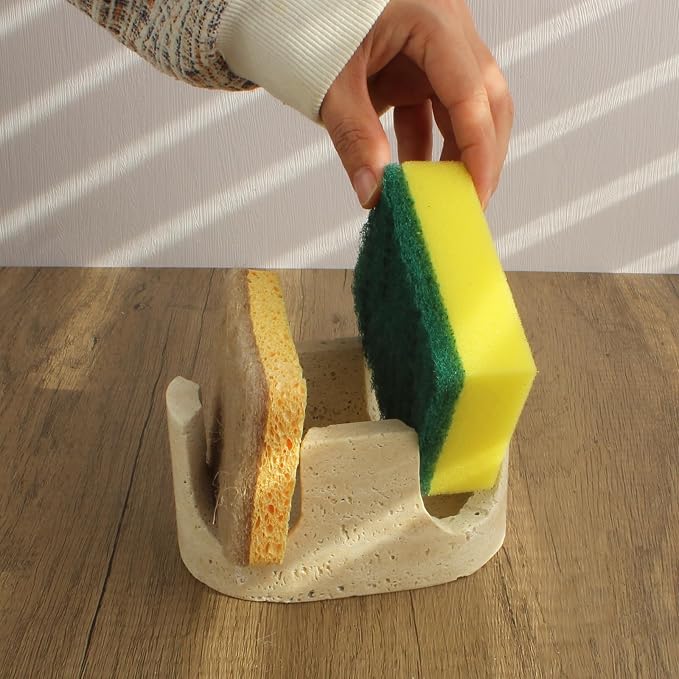 Natural Travertine Marble 2-Slot Sponge Holder for Kitchen Counter, 2-in-1 Stone Drying Rack, Sponge Caddy for Sink Organizer - Beige Travertine - Image 7