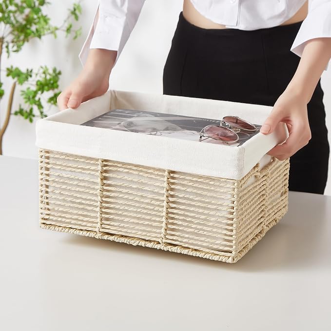 Wicker Storage Baskets, 6 Pack Baskets for Organizing, Wicker Basket with Handle, Rectangular Basket for Storage Shelves, Cube Storage Bins for Closet/Clothes/Dresser, Beige - Image 3