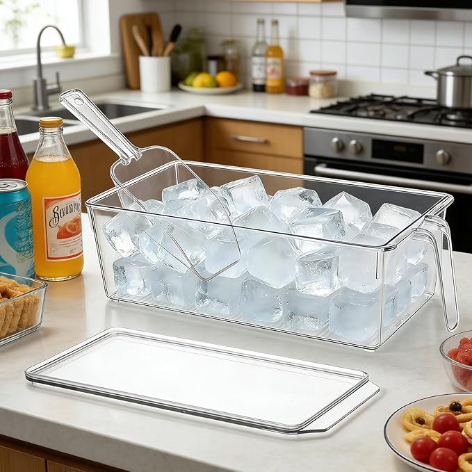 CIEOVO 2 Set Ice Bin for Freezer with Lid and 2 Scoop Set Plastic Freezer Ice Bin with Pull-Out Handle Clear Storage Bucket Kitchen Food Storage Organizer for Home Office Fridge Kitchen - Image 4