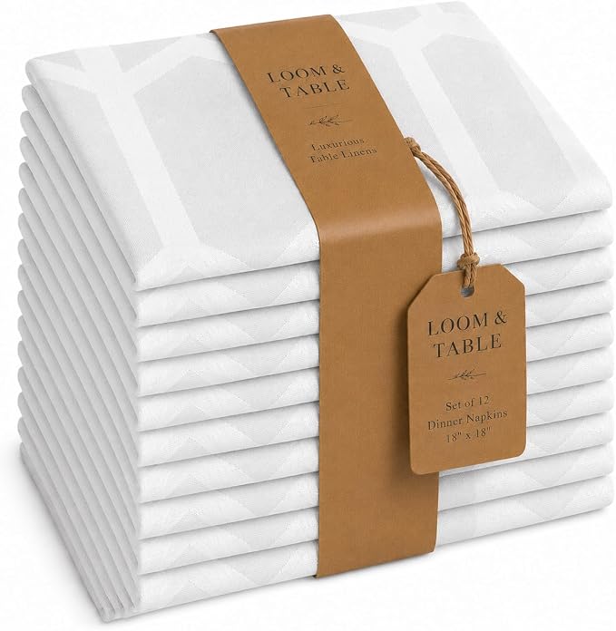 Magnolia White Polycotton Napkins by Loom & Table – Set of 12 - Elegant, Wrinkle-Resistant, Machine Washable – Luxury Napkin for Dining Room, Weddings, Dinner Parties, Holidays, Birthdays - 18 X 18 by LoomandTable