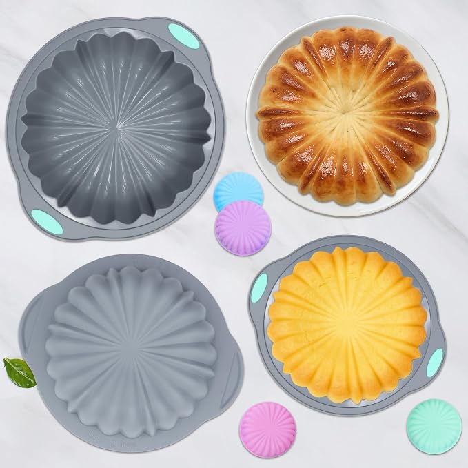 44 Pieces Silicone Round Cake Pans Set, 3 Sizes Silicone Fluted Cake Pan Set with Reusable Baking Cups, Food Grade Baking Molds for Brownie, Bread, Muffin, Light Grey - Image 2