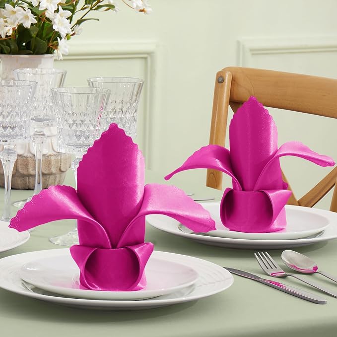 VACVELT 100 Pack Hot Pink Scalloped Satin Napkins 17x17 Inch Wedding | Scalloped Floral Edges With Silky Smooth Finish, Seamless Design, Machine Washable Wrinkle And Fade Resistant - Image 2