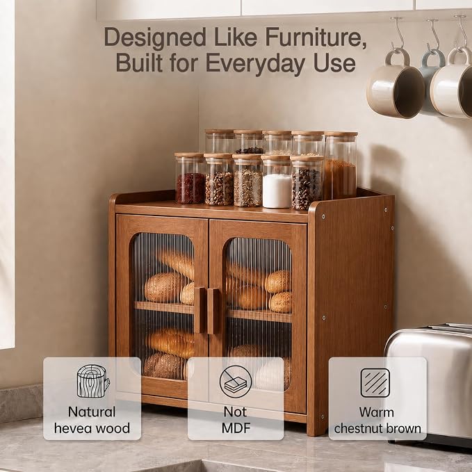 Solid Wood Bread Box, Kitchen Countertop Storage Cabinet | 2-Tier Large Capacity, Help Keep Sourdough Bread Fresh, Countertop Storage Organizer for Kitchen & Pantry, Walnut Brown - Image 3