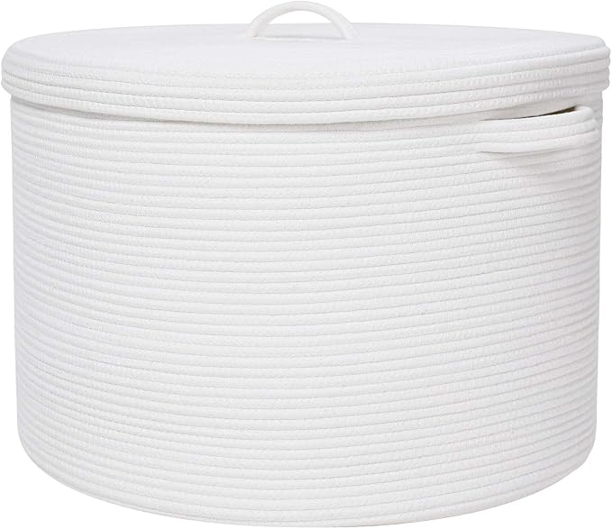 20x15 Inch Extra Large Round Cotton Rope Storage Basket with Lid, Decorative Woven Bin with Cover for Living Room Bedroom Closet, White by Cottonphant