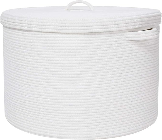20x15 Inch Extra Large Round Cotton Rope Storage Basket with Lid, Decorative Woven Bin with Cover for Living Room Bedroom Closet, White by Cottonphant