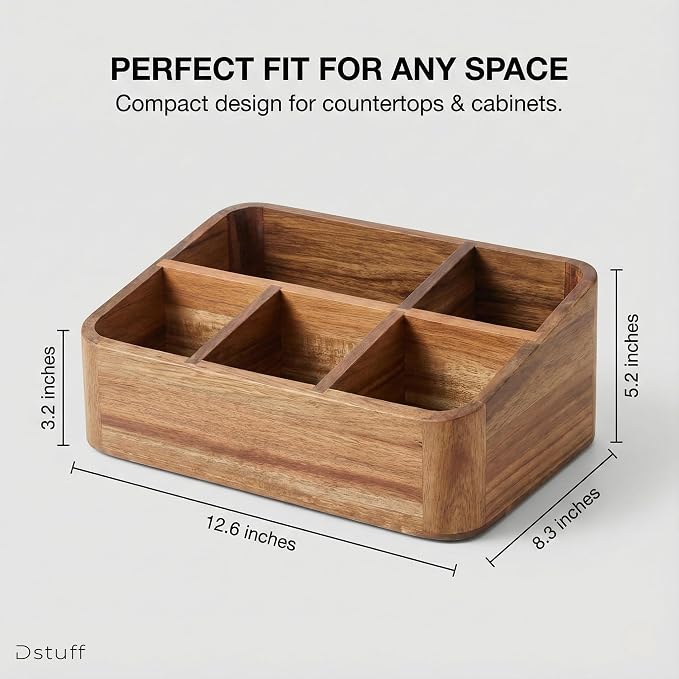 Dstuff Acacia Wood Coffee Station Organizer for Countertop, Tea Organizer and Holder, Coffee Bar Caddy with Multiple Compartments for Home and Office Decor - Image 2
