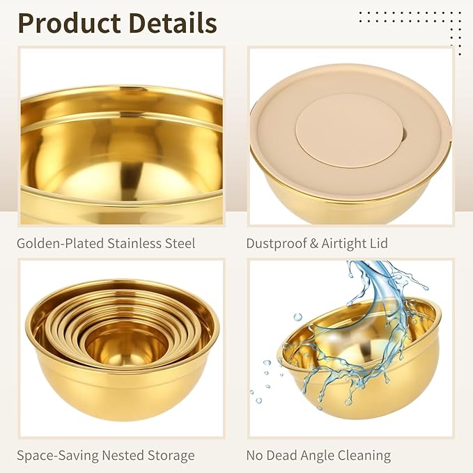 20 PCS Gold Mixing Bowls with Lids Set - 7 Mixing Bowls with 3 Graters, 8 Measuring Spoons, 1 Whisk, and 1 Food Tong, Nesting Bowl Set for Baking, Cooking, Meal Prep - Image 3