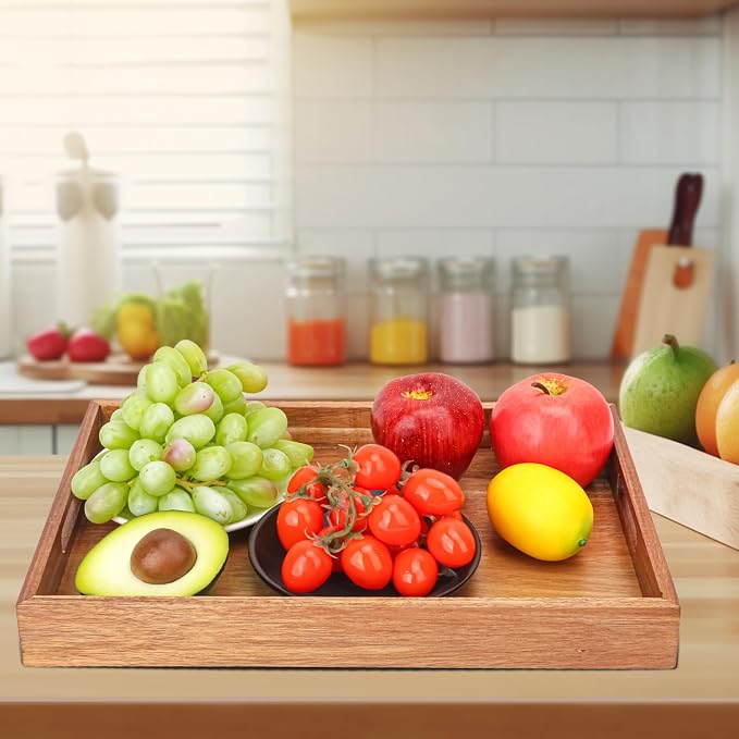 3 PCS Acacia Wood Serving Tray with Handles - 15 x 10 Inch Elegant Rectangle Wooden Tray for Food, Decorative Snack Tray, Breakfast and Kitchen Tray, Ideal Wooden Serving Platter for Homes - Image 5