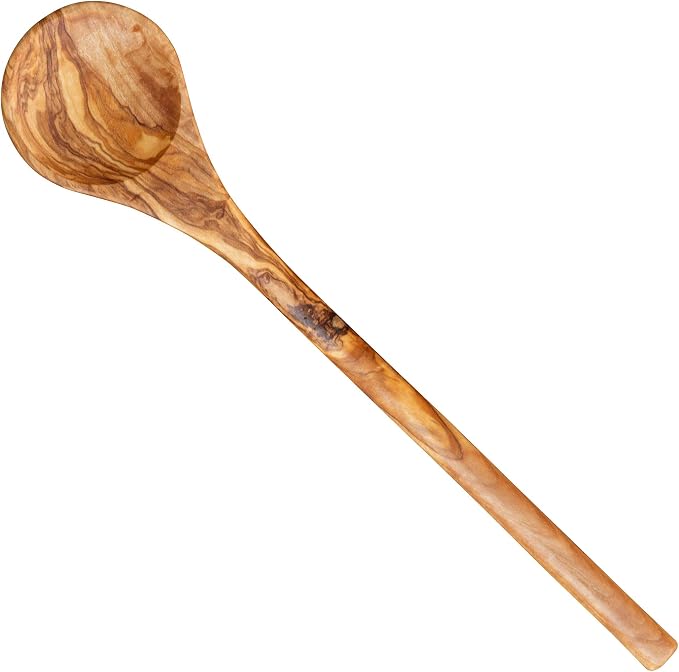 12 Inch Olive Wood Round Spoon, Natural and Organic Olivewood for Pasta, Mixing - Quality Handmade Wooden Kitchen Gift by ThirteenChefs