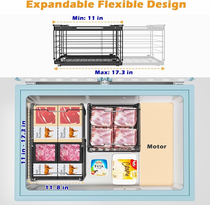 NADAMOO Expandable Chest Freezer Organizer, Stackable Wire Baskets | Adjustable 11-17.3 Inches, Heavy Duty 35 lbs Capacity, Foldable Handles, 360° Airflow, Fits 5-20 Cu Ft Models, 2 Pack - Image 3