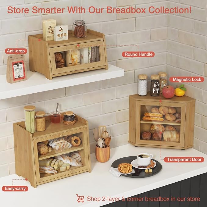 Goozii Wood Bread Box for Kithcen Countertop, Rustic Breadox Storage Container for Homemade Bread, Small Compact Bread Keeper Holder Organizer with Window (Natural Bamboo) - Image 5