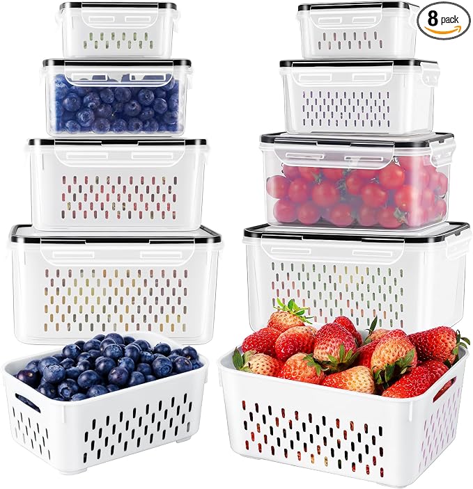 Fruit Storage Containers for Fridge with Removable Colander 8 pcs | Airtight Food Storage Container Dishwasher Safe Produce Saver for Refrigerator Keep Berry Fruit Fresh Longer Small Clear by Freshmage