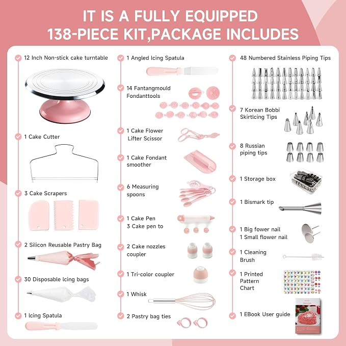 Cake Decorating Supplies Kit Set of 138pcs | 12 Inch Aluminium Cake Turntable, 64 Numbered Icing Piping Tips, 2 Spatulas, 3 Icing Comb Scraper and Leveller, Piping Bags - Image 7