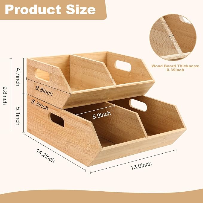 2 Set Pantry Organizers and Storage Bins, Bamboo Stackable Baskets for Potatoes, Onion, Bread, Vegetables - Bamboo Pantry Organizer Containers for Drawer, Cabinet, Countertop - Image 3