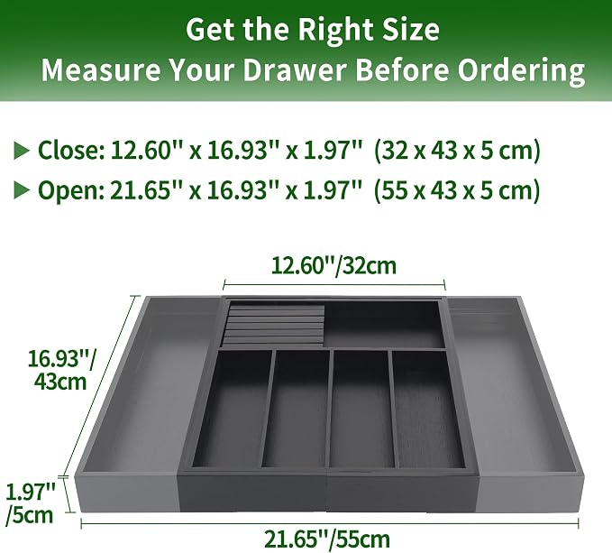 VaeFae Bamboo Silverware Drawer Organizer, 7 Slots, Black | Cutlery Tray with Removable Divider, Flatware Storage, 43 cm D x 32-55 cm W, 5-7 Slots, Black - Image 3