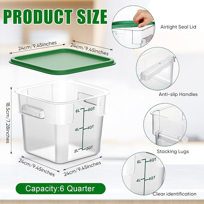 FoldTier 2 Pieces Square Food Storage Containers Polycarbonate Clear Food Container with Lid Commercial Food Storage with Graduations for Commercial Kitchen Dough Marinating Meat(Green, 6 Qt) - Image 2