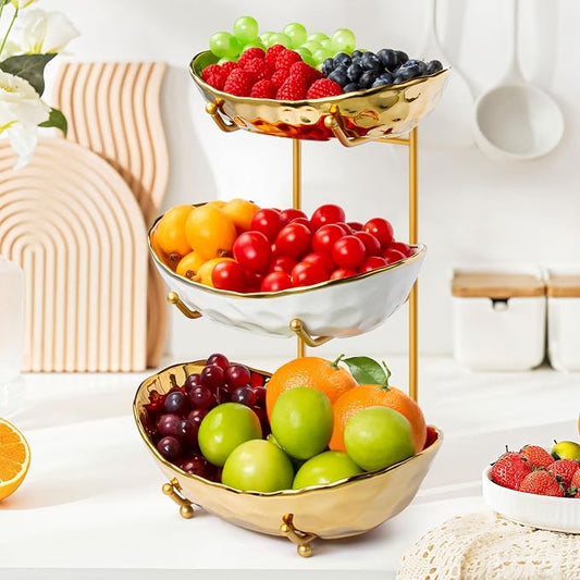 Fruit Bowl for Kitchen Counter, Tiered Fruit Basket for Countertop, 3 Tier Ceramic Fruit Basket with Metal Stand, Fruit Bowl for Fresh Fruit&Veggies (Gold) by Unknown